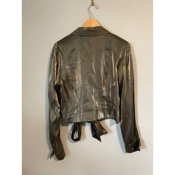 Vintage Conrad C Womens Top 10 Petite Green Shimmer Cropped Tie Front Rave 90s - Picture 4 of 7